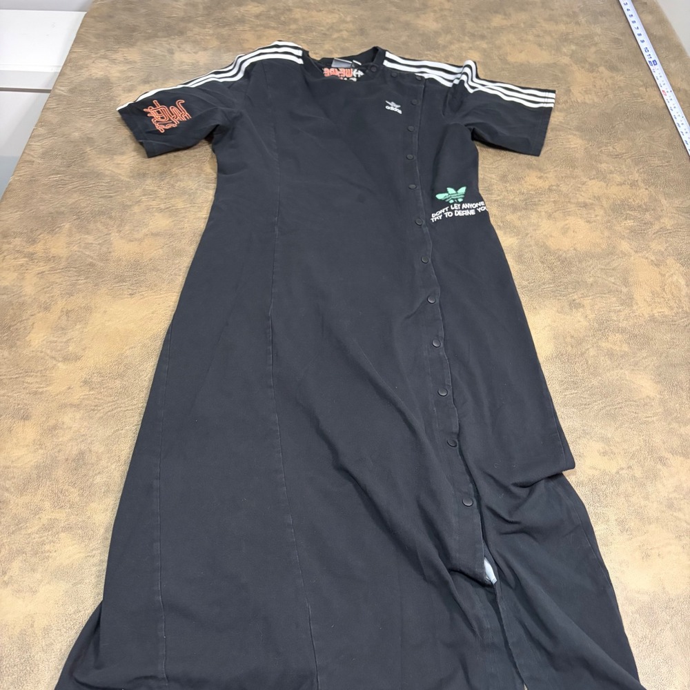 Adidas Snap Front Maxi Dress Womens Medium Black 3-Stripe Trefoil Graphic Street